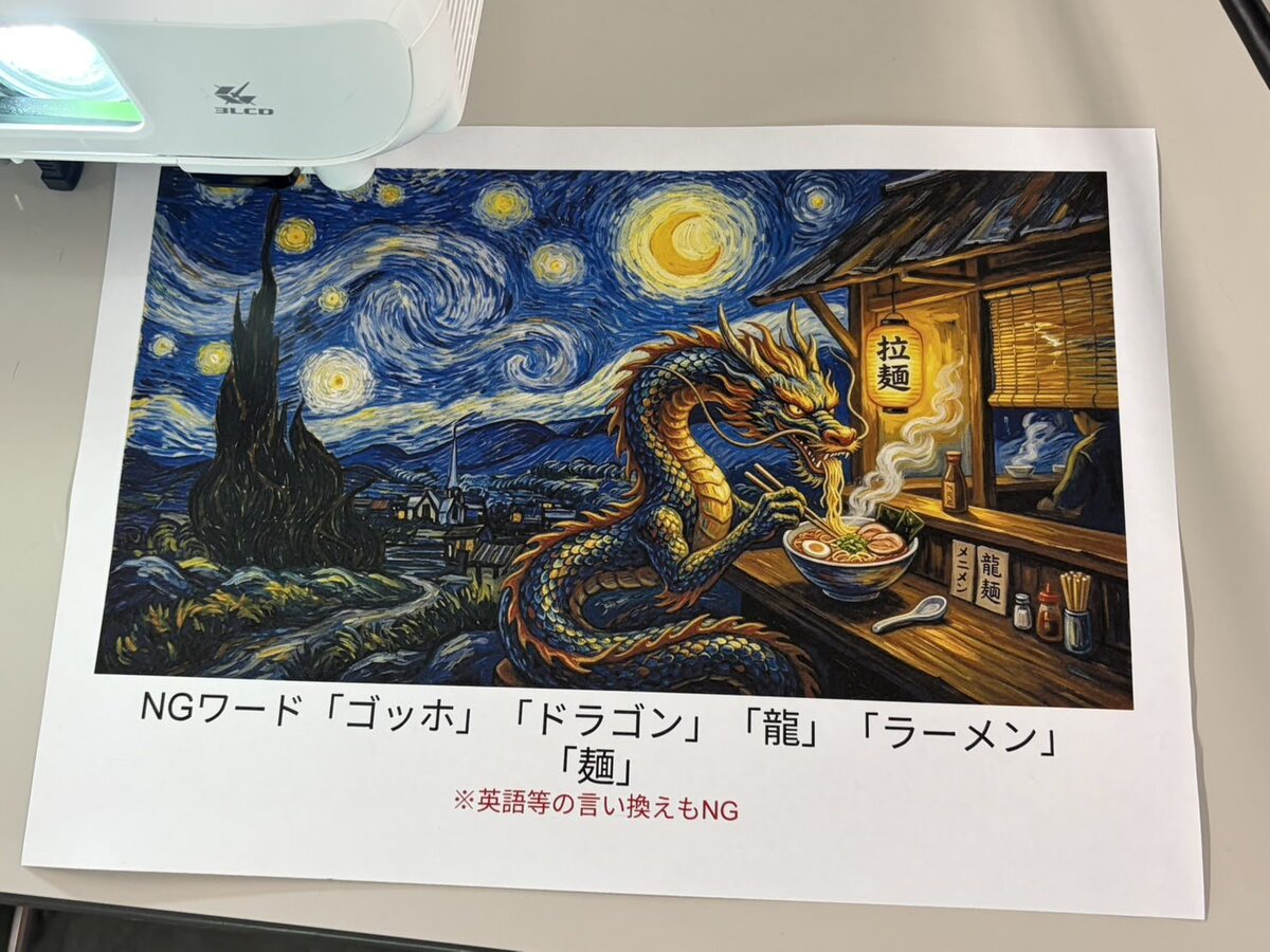 画像生成ゲームのお題「ゴッホ風の龍がラーメンを食べる画像」